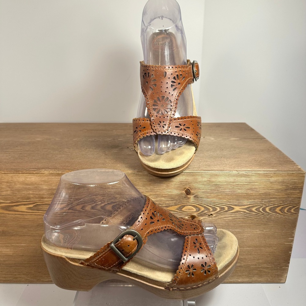 VTG Dansko Floral Leather Mule Sandals Women 7.5 Boho Artsy Comfort Chunky Slide